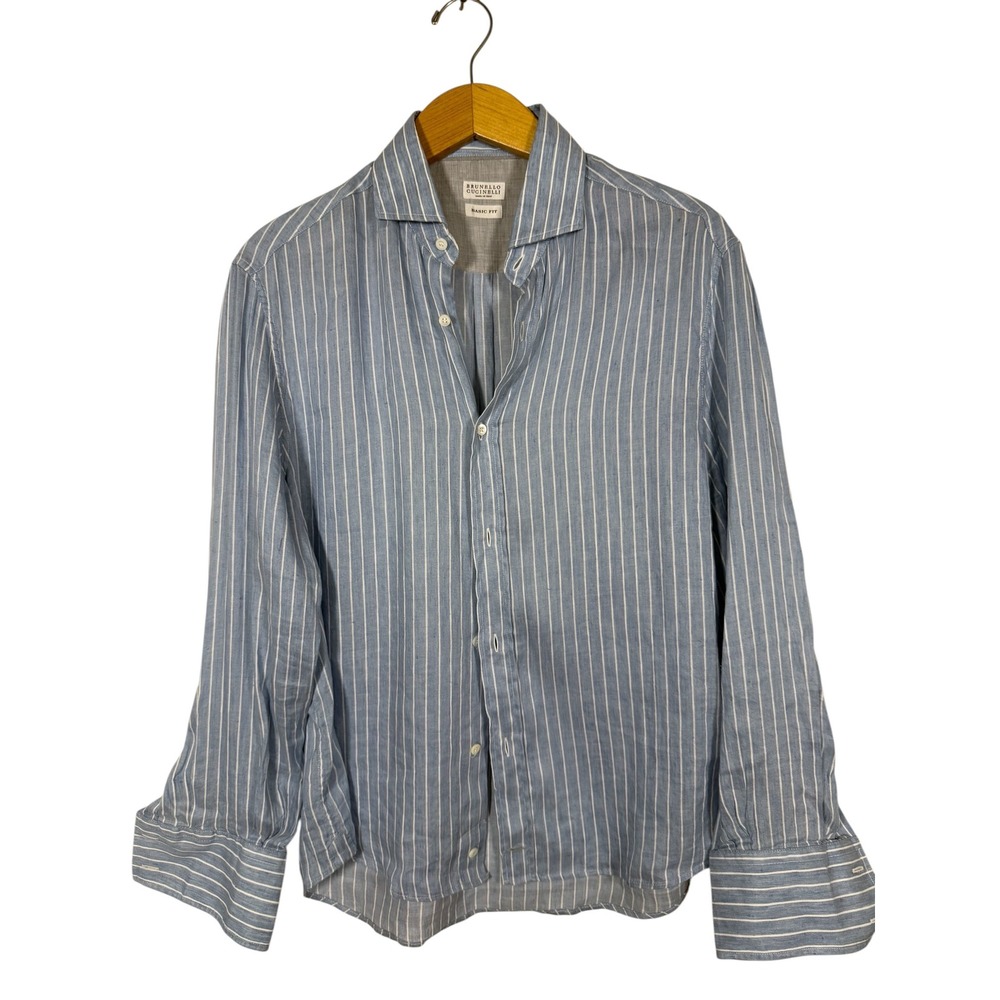 Brunello Cucinelli Mens Striped Basic Fit Button Down Shirt Blue White Large